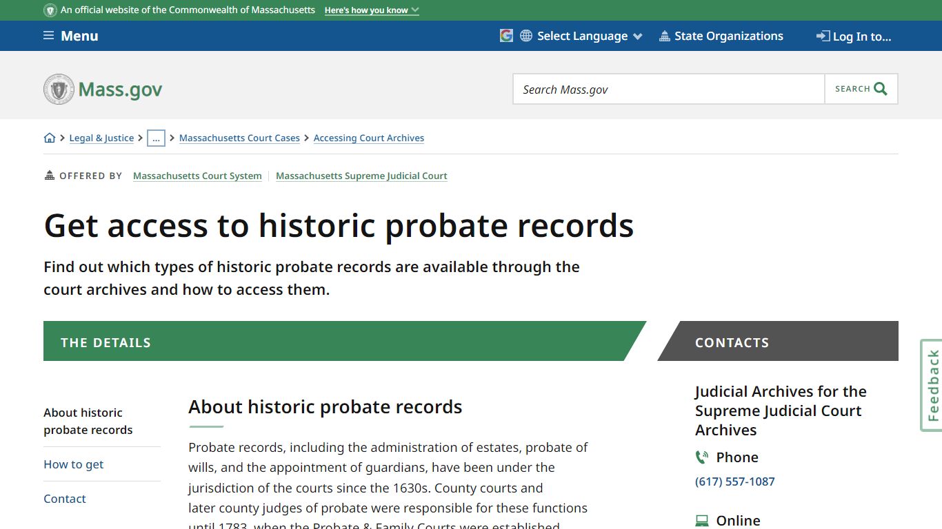 Get access to historic probate records | Mass.gov